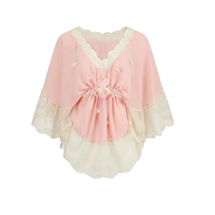 Peach Blossom Fan – French Lace V-Neck Blouse