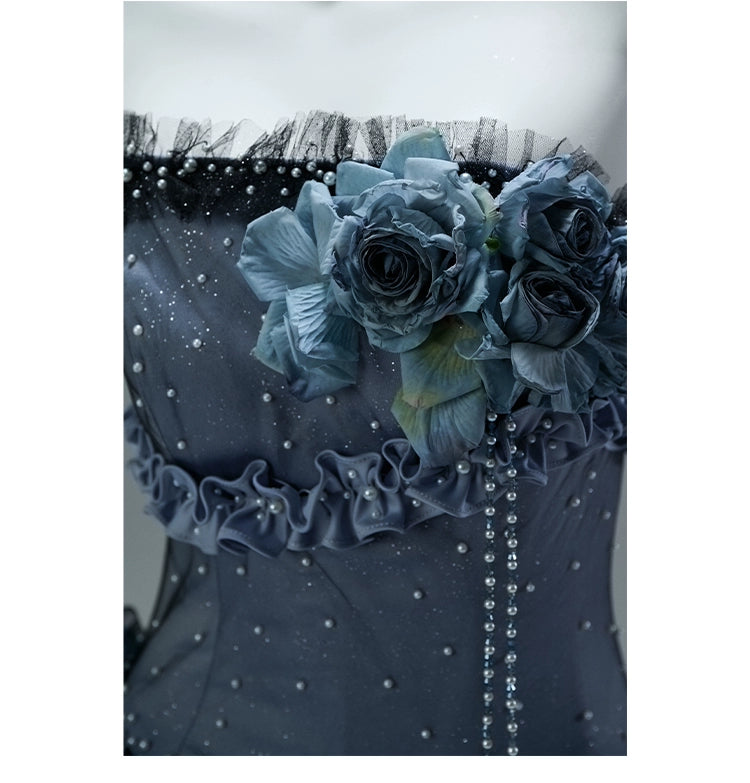 Nightscape Ruffled Tulle Gown with Floral Embellishments