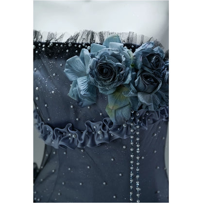 Nightscape Ruffled Tulle Gown with Floral Embellishments