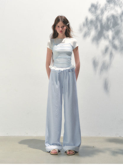 Contrast Color Fake Two-piece Mesh Lace Short-sleeve T-shirt