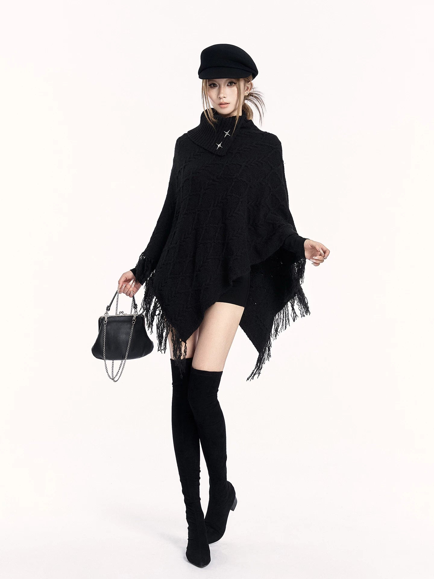Asymmetric Knit Cape Turtleneck Sweater