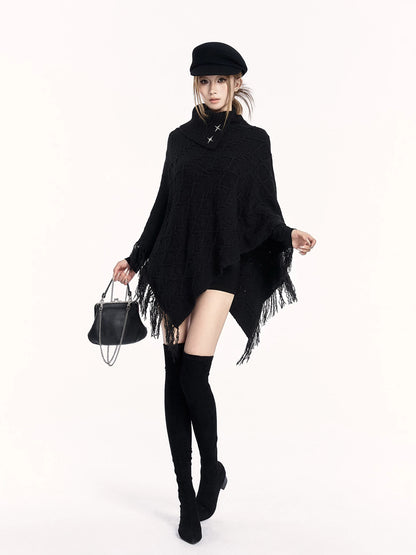 Asymmetric Knit Cape Turtleneck Sweater