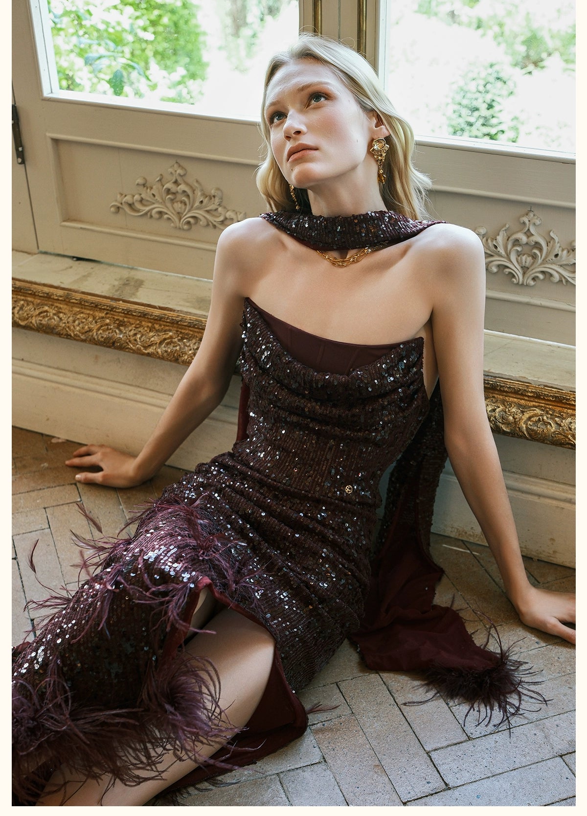Diamond Sequin Feather Drape Tie Strapless Midi Dresse