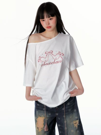 Asymmetric Bow &amp; Pearl Off-Shoulder T-Shirt