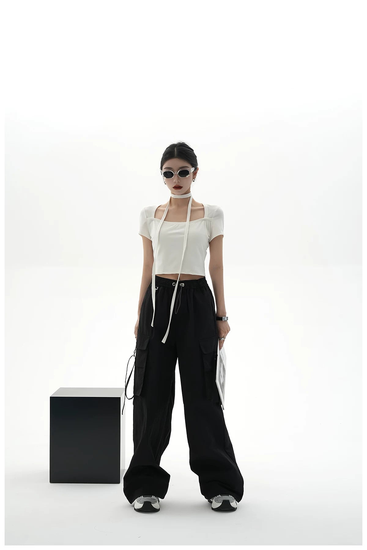 Tie-Detail Square-Neck Cropped T-Shirt