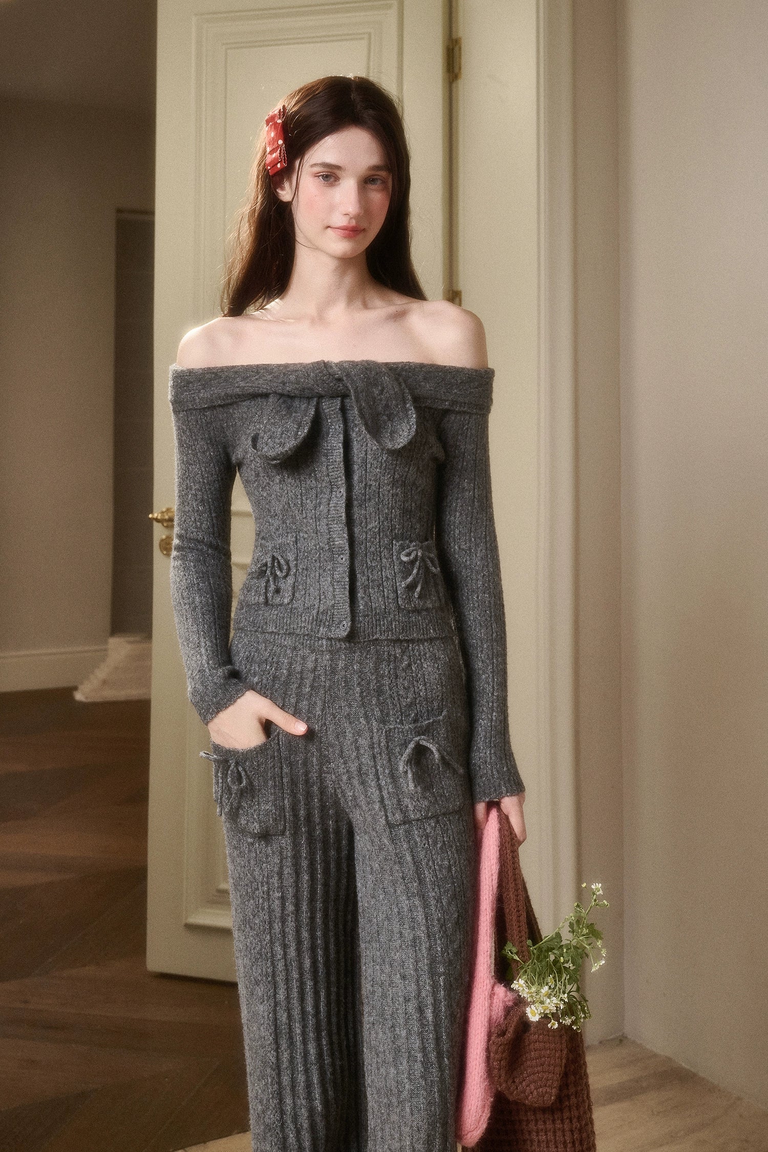 Velvet Bunny Wool Cloud Off-Shoulder Knit Cardigan &amp; Wide-Leg Pants Set