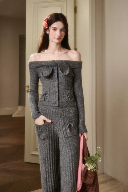 Velvet Bunny Wool Cloud Off-Shoulder Knit Cardigan &amp; Wide-Leg Pants Set