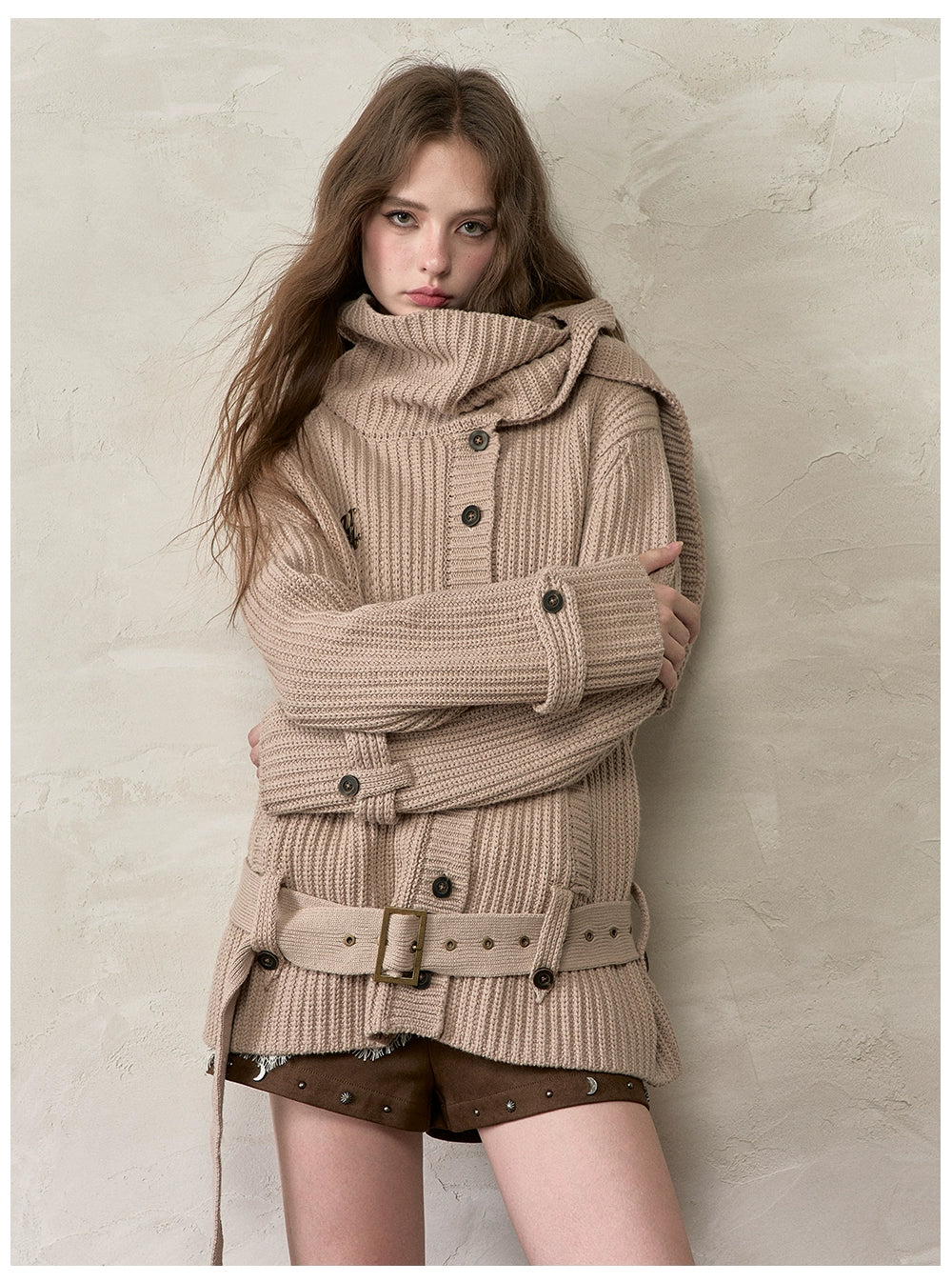 Oversized Turtleneck Cardigan with Attached Scarf