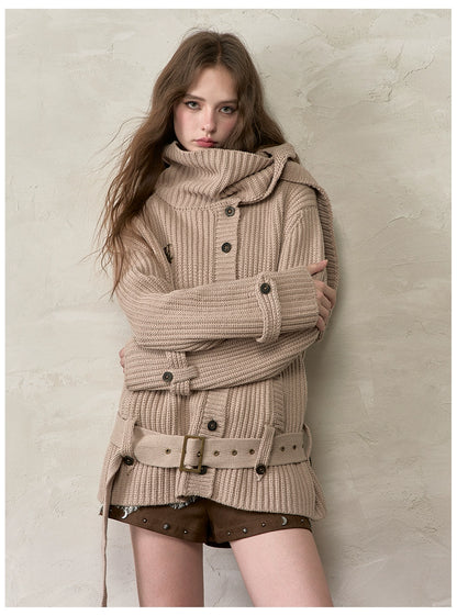 Oversized Turtleneck Cardigan with Attached Scarf