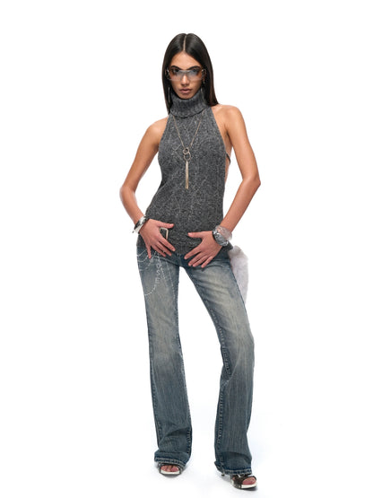 Backless High-Neck Cable-Knit Sweater