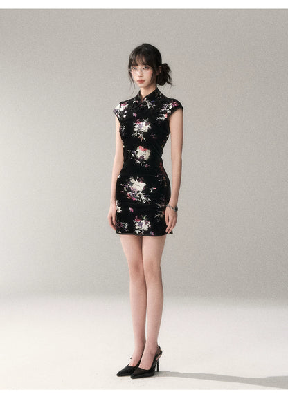 Gilded Velvet Floral Cheongsam Dress