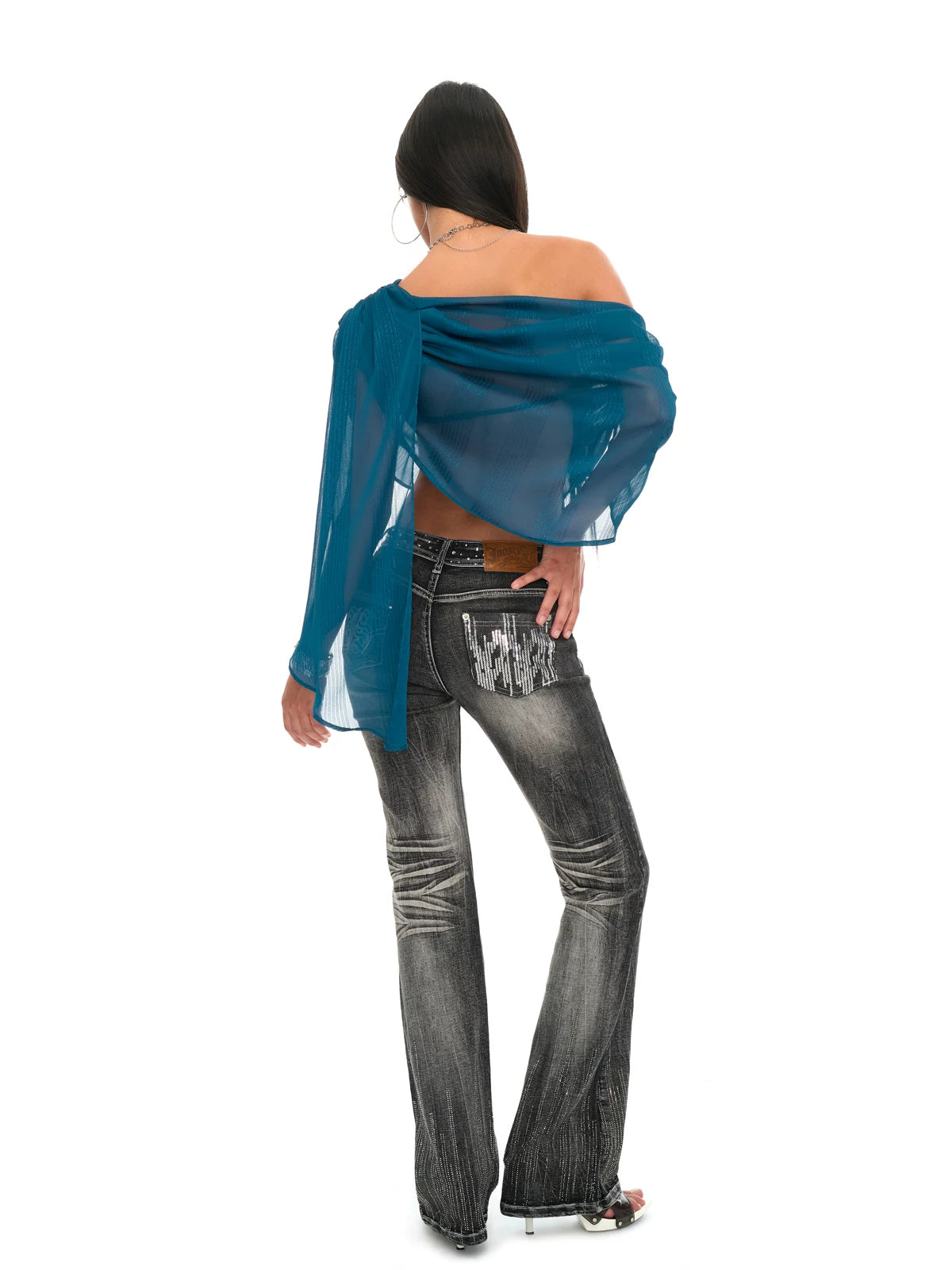 Peacock Blue Draped Off-Shoulder Sheer Chiffon Blouse