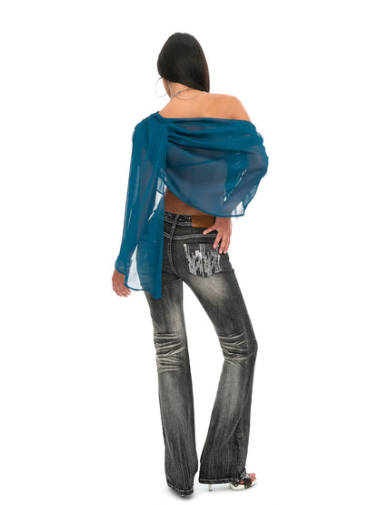 Peacock Blue Draped Off-Shoulder Sheer Chiffon Blouse