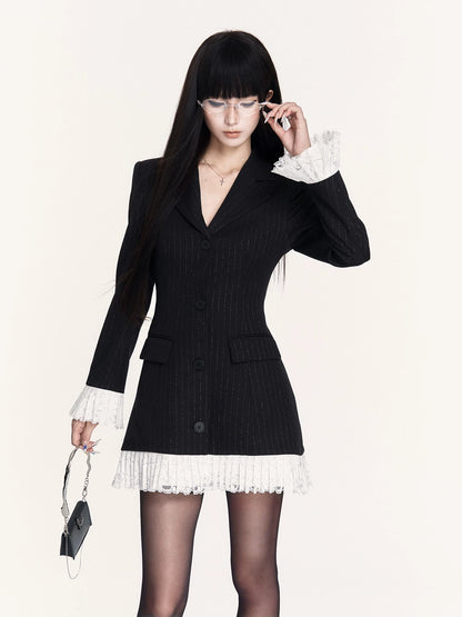 Striped Lace Faux-Layered Blazer Dress