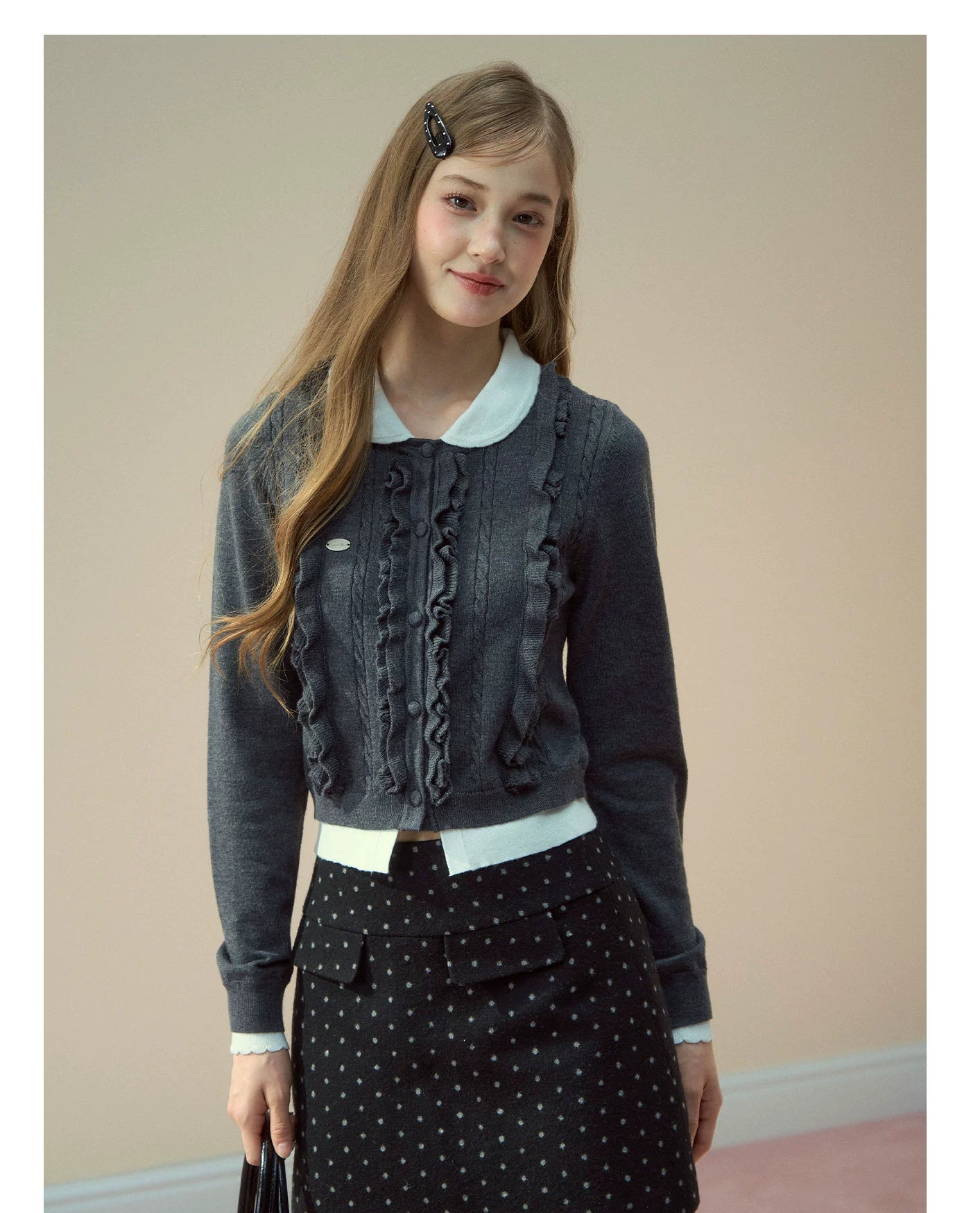 Grey Ruffle Collar Knit Cardigan
