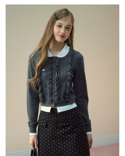 Grey Ruffle Collar Knit Cardigan