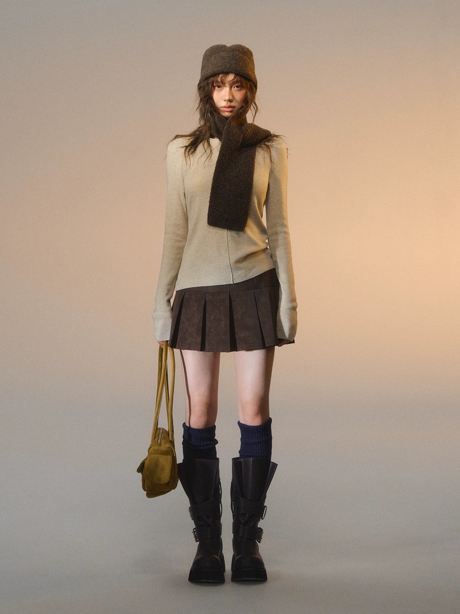 Lace-Trimmed Velvet Pleated Faux Leather Mini Skirt