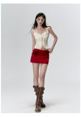 "I LOVE ME" Embroidered Rose Belt A-Line Mini Skirt - CHINASQUAD