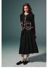 Black Fringed Woolen Jacket & Pleated Skirt Set - CHINASQUAD