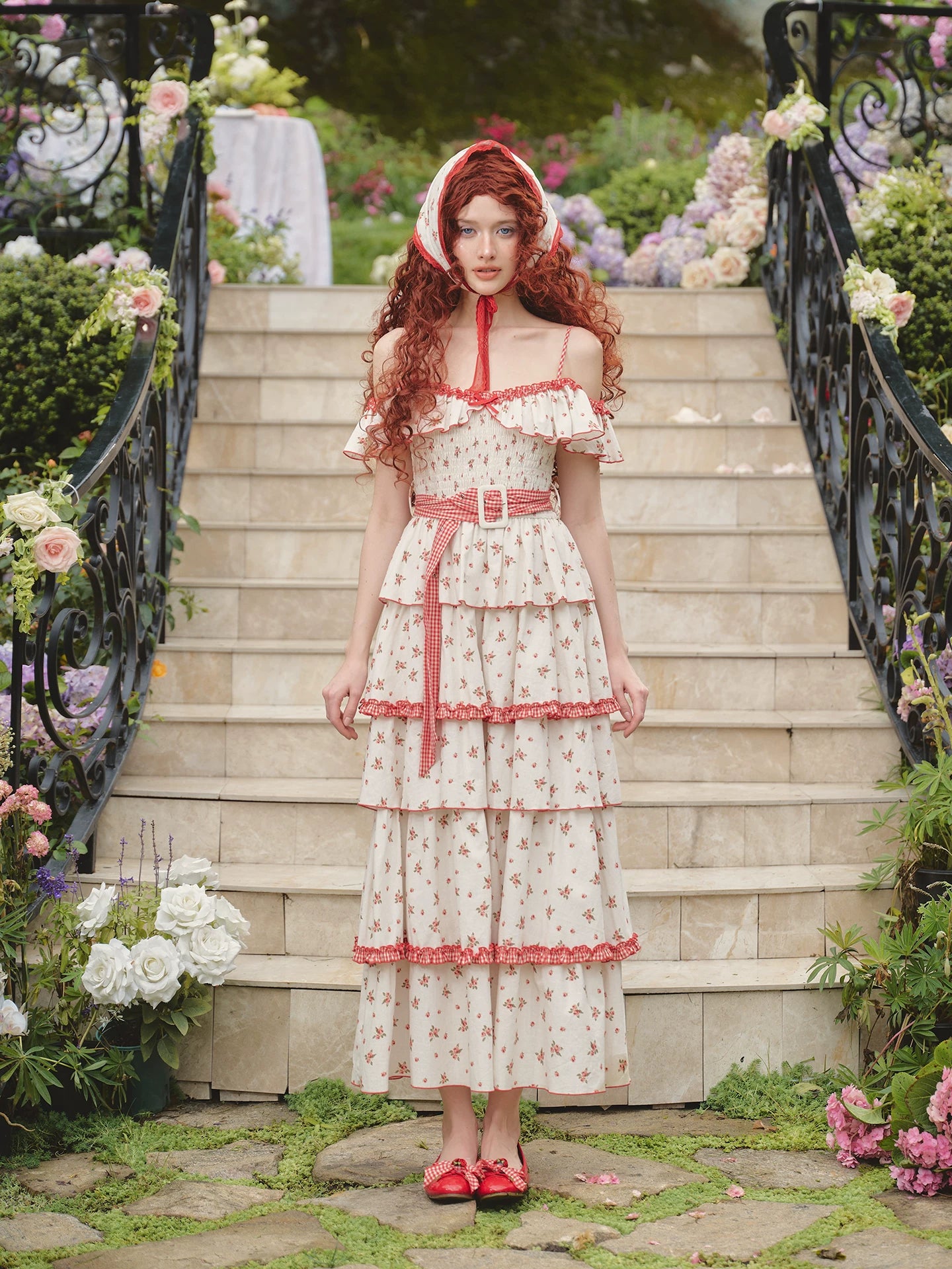 French Pastoral Floral Tiered Maxi Dress