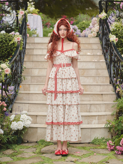 French Pastoral Floral Tiered Maxi Dress
