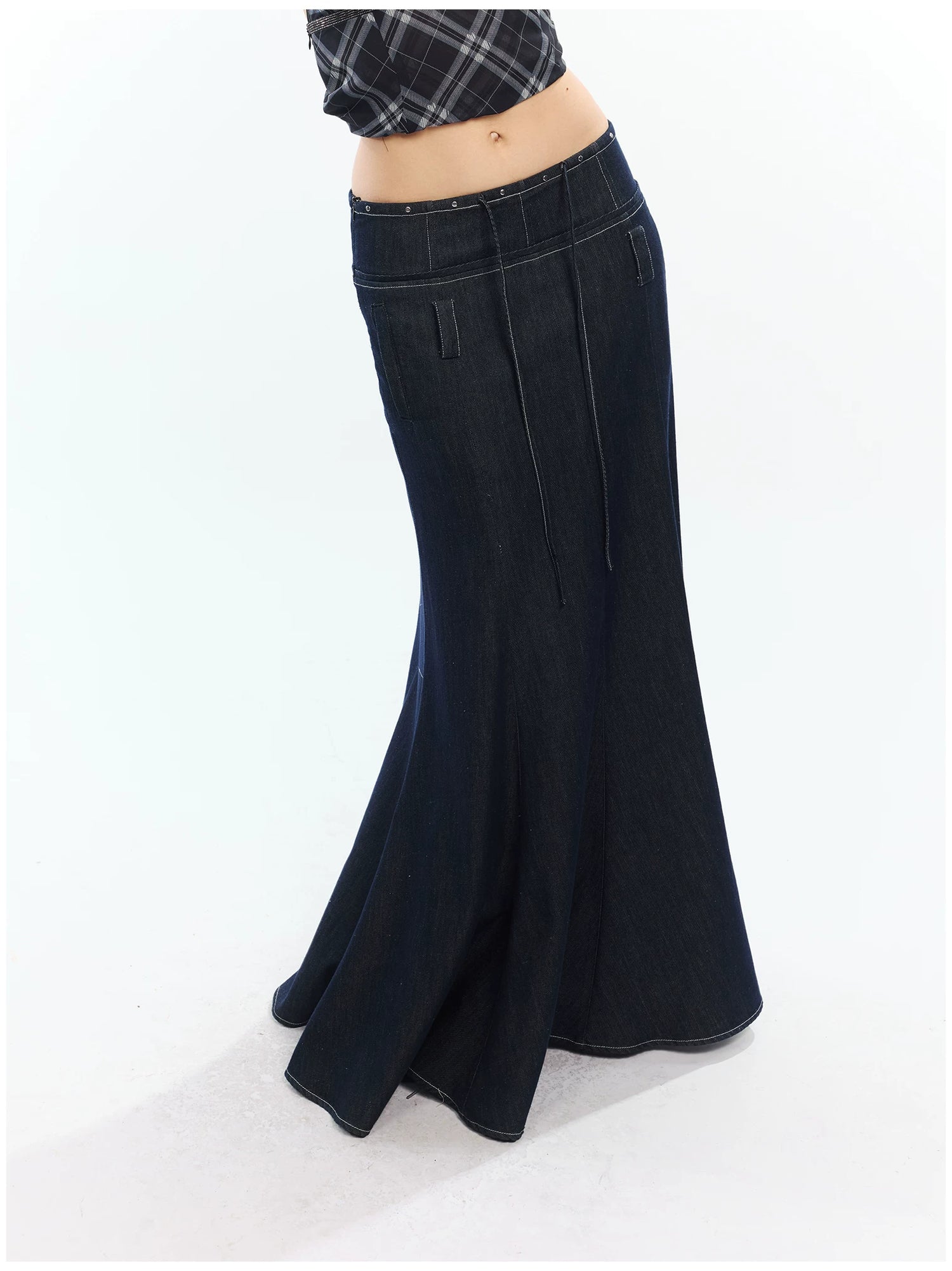 Lyocell Denim Rivet-Detail Fishtail Maxi Skirt
