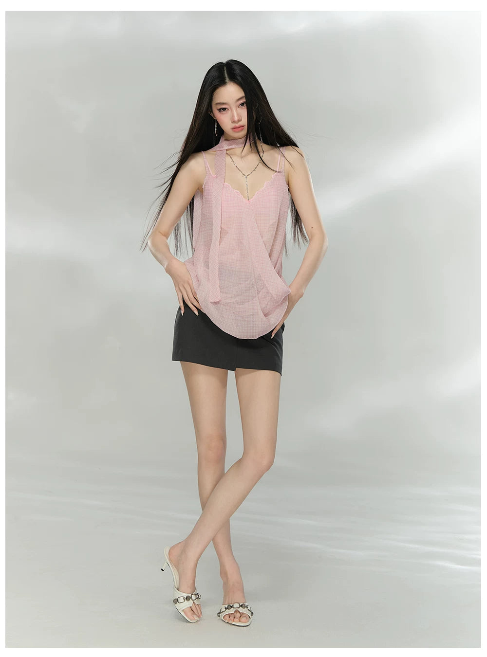 Asymmetric Ribbon Tie Sheer V-Neck Camisole