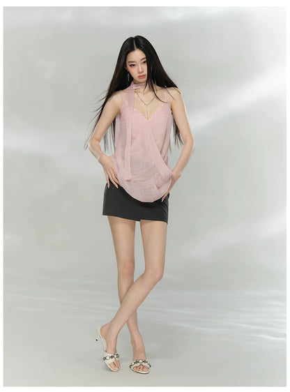 Asymmetric Ribbon Tie Sheer V-Neck Camisole