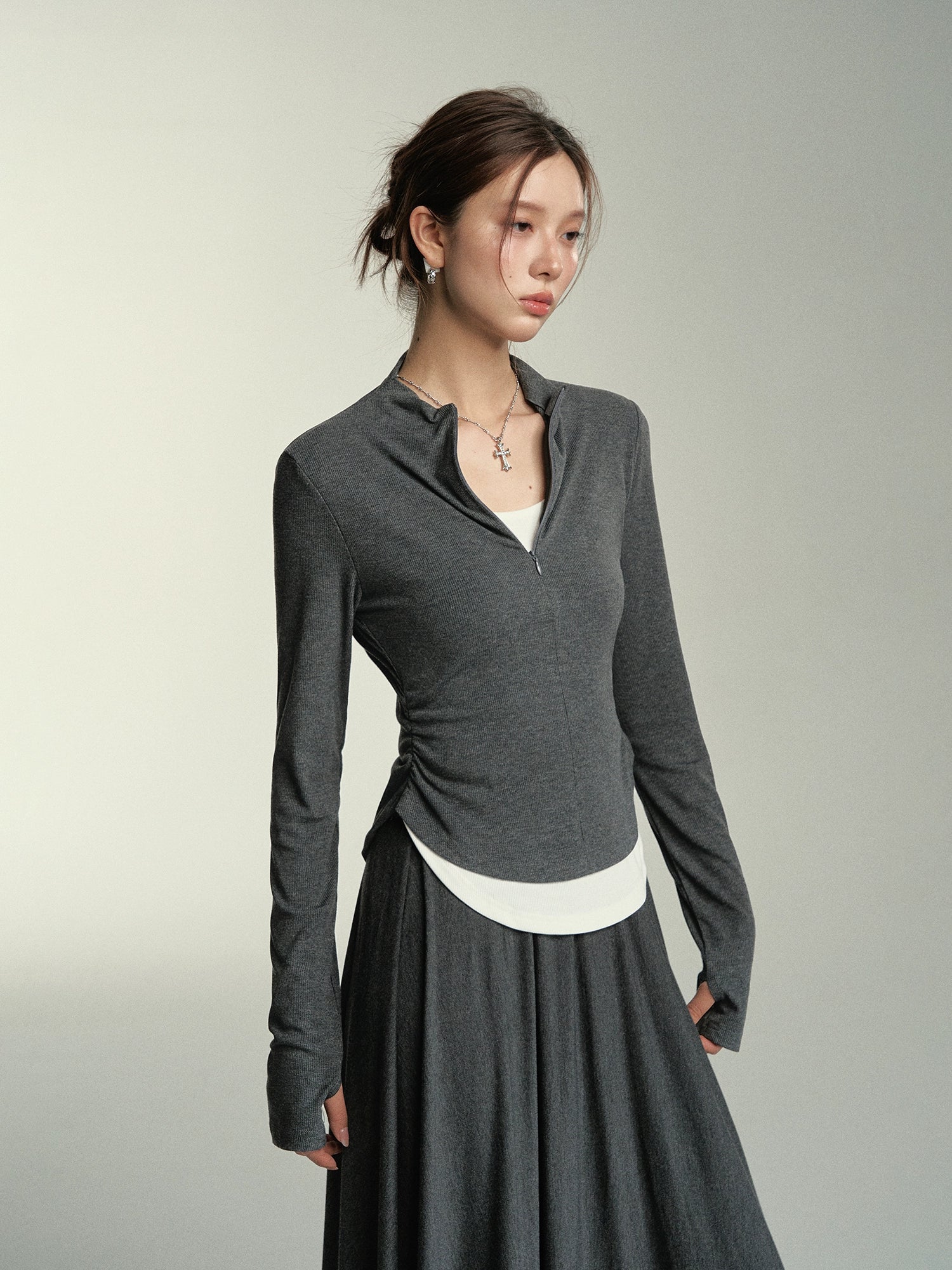 Gray Lapel Neck Zipped Long Sleeve T-shirt - CHINASQUAD