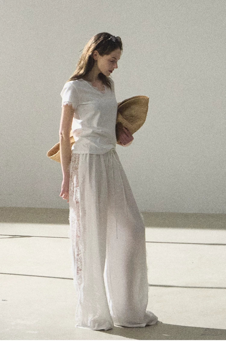 Lyocell Lace-Trimmed Flowing Wide-Leg Trousers