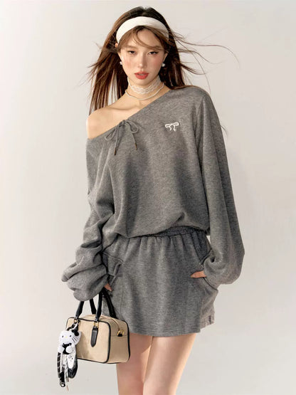 Asymmetric Embroidered Bow Sweatshirt &amp; Skirt Set