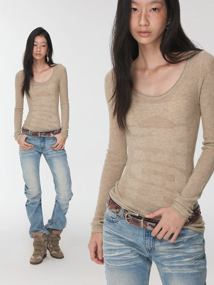 Textured Jacquard Knit Round-Neck Sweater