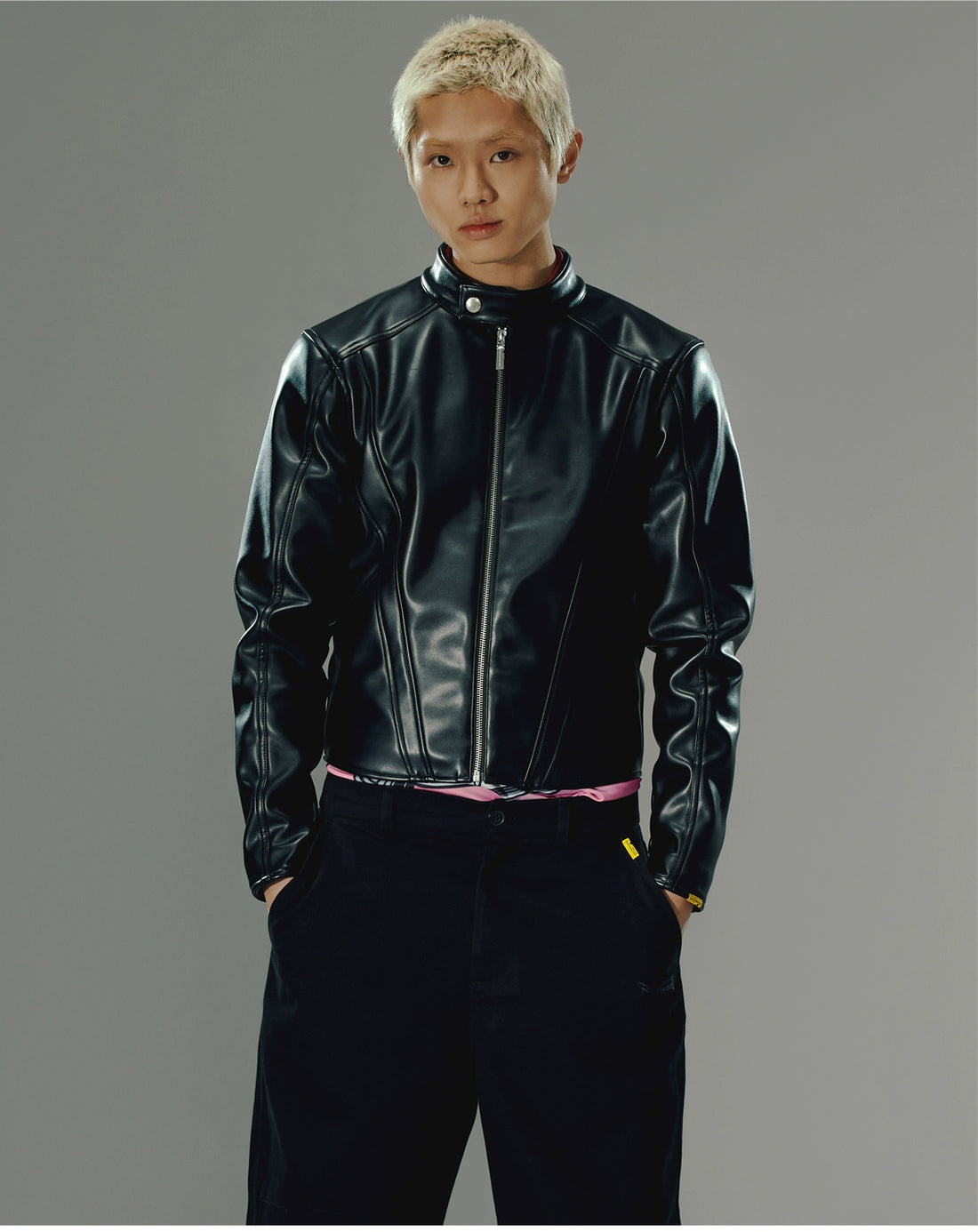 Black Paneled Leather Jacket - CHINASQUAD