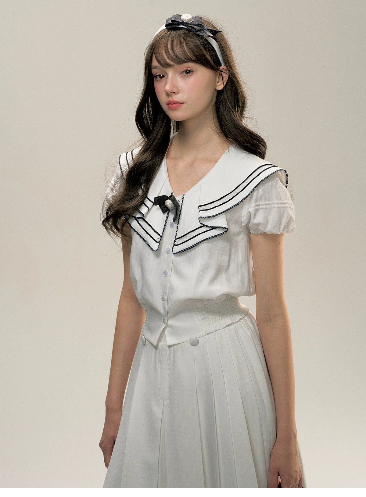 White Sweet Nautical-style Shirt &amp; Skirt Set