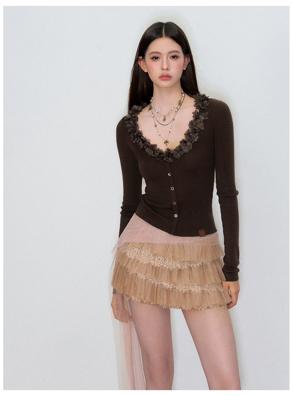 V-Neck Lace-Trim Fitted Knit Cardigan