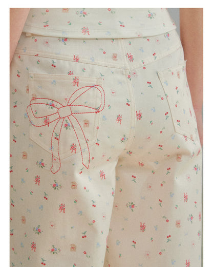 Original Floral Pleated Tail Long Pants