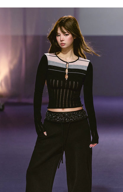 Cut-Out Contrast Knit Fitted Top