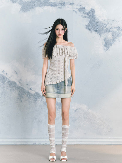 Off-The-Shoulder Ruffled Crochet Blouse