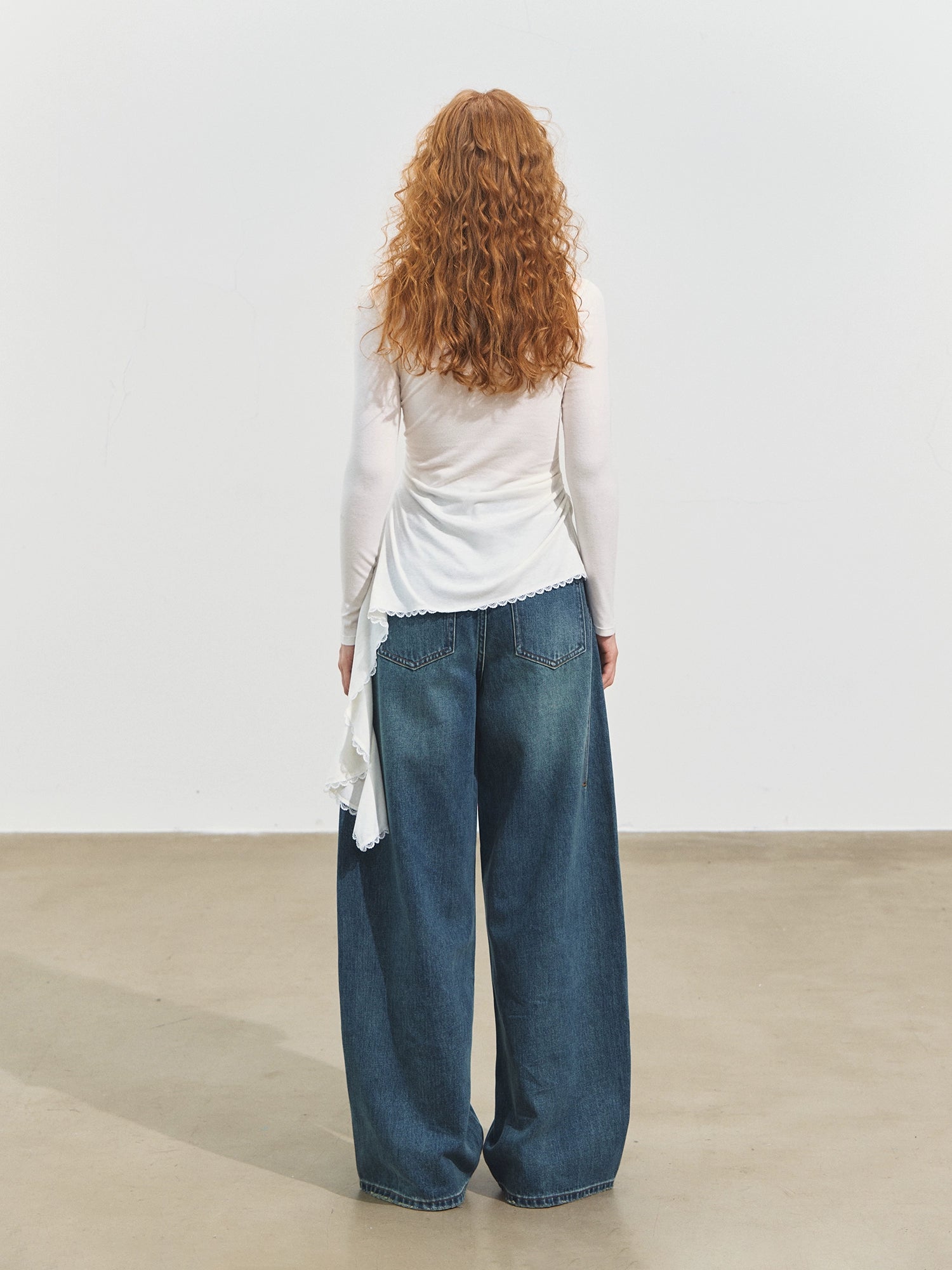 3D Seam Wide-Leg Crescent Denim Pants