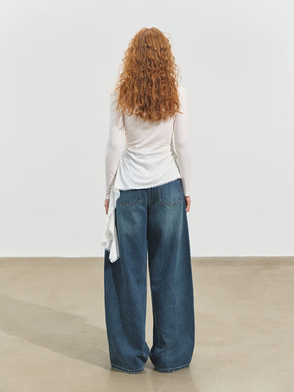3D Seam Wide-Leg Crescent Denim Pants