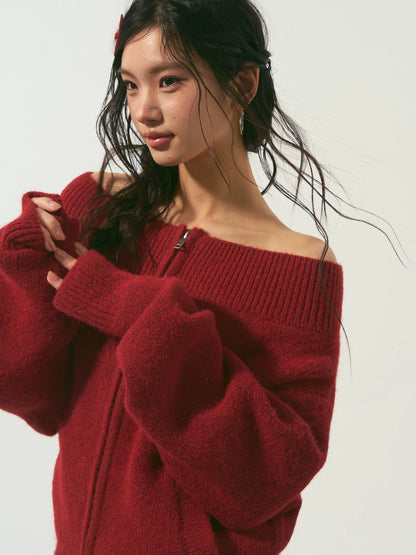 Relaxed Off-Shoulder Zip-Up Knit Cardigan