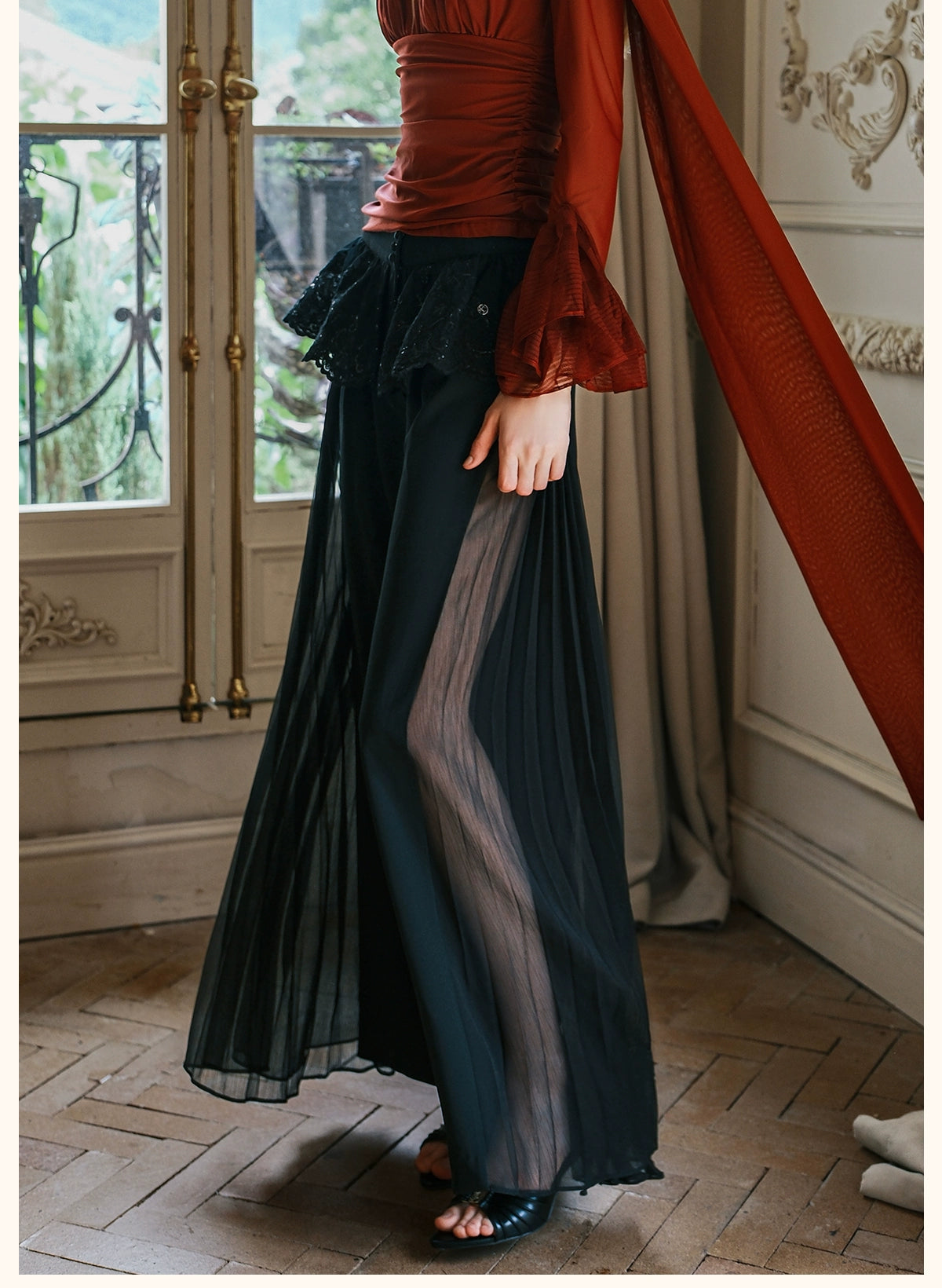 Layla Lace Ruffle Chiffon Wide-Leg Pants