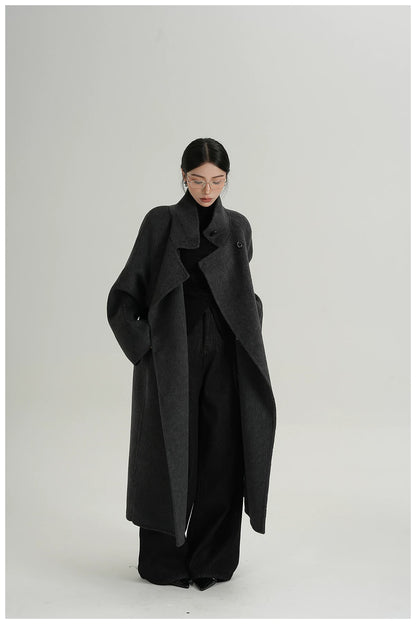 Stand-Collar Long Wool Double-Faced Coat