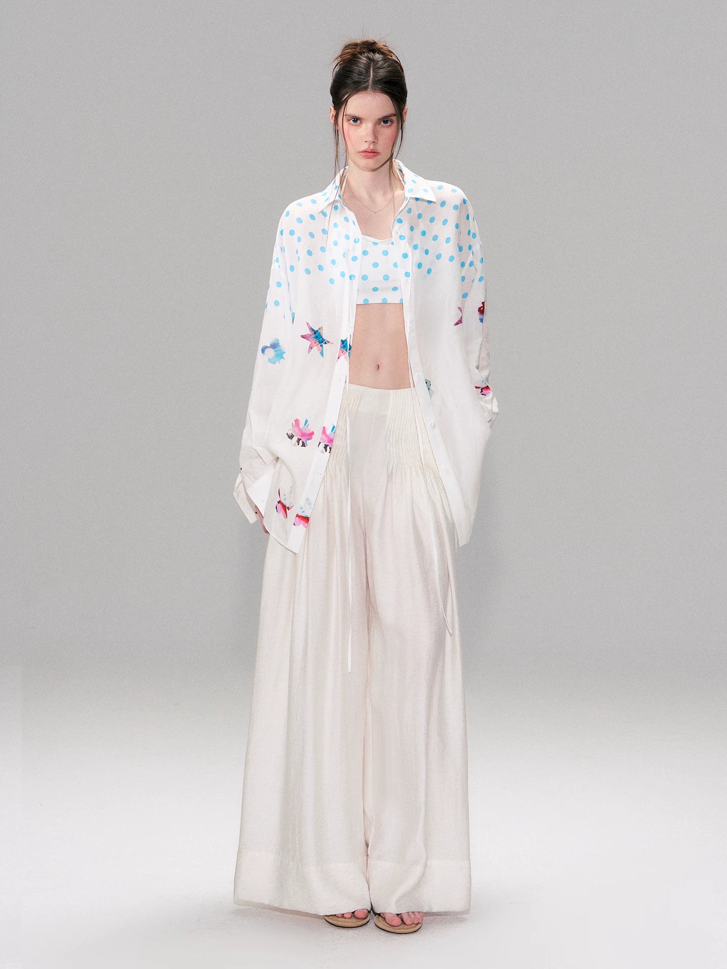 Vintage Contrast Polka Dot Silk-Linen Relaxed Shirt with Halterneck Top