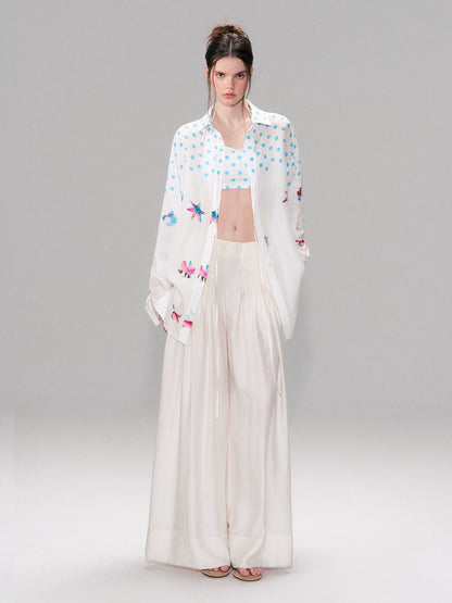 Vintage Contrast Polka Dot Silk-Linen Relaxed Shirt with Halterneck Top