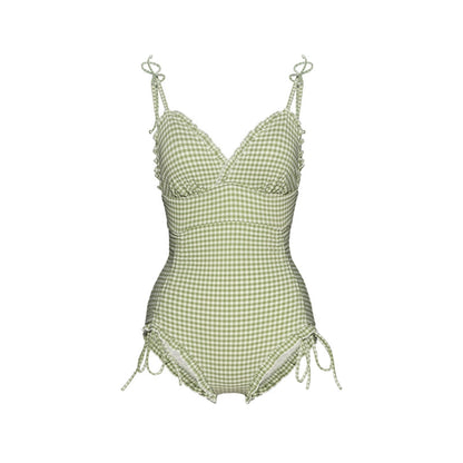 Green &amp; Pink Plaid Lace-Up One-Piece Swimsuit