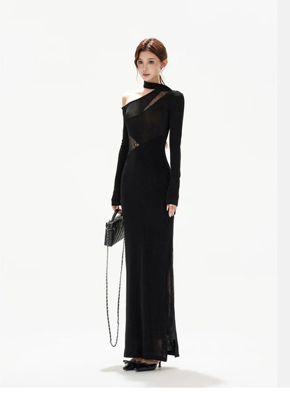Asymmetric One-Shoulder Knit Evening Dress