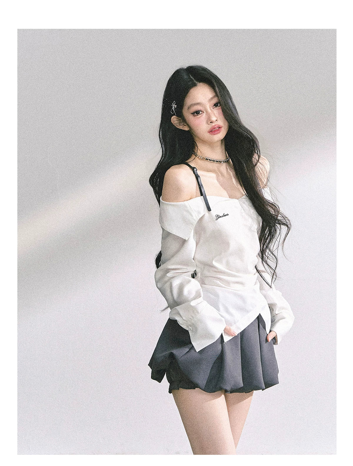 Off-Shoulder Plaid Long-Sleeve Shirt