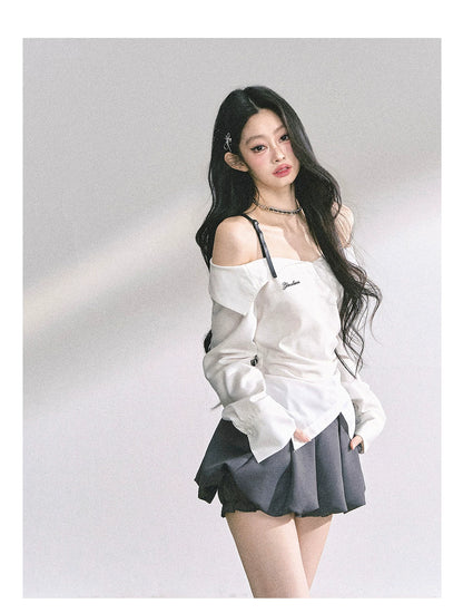 Off-Shoulder Plaid Long-Sleeve Shirt