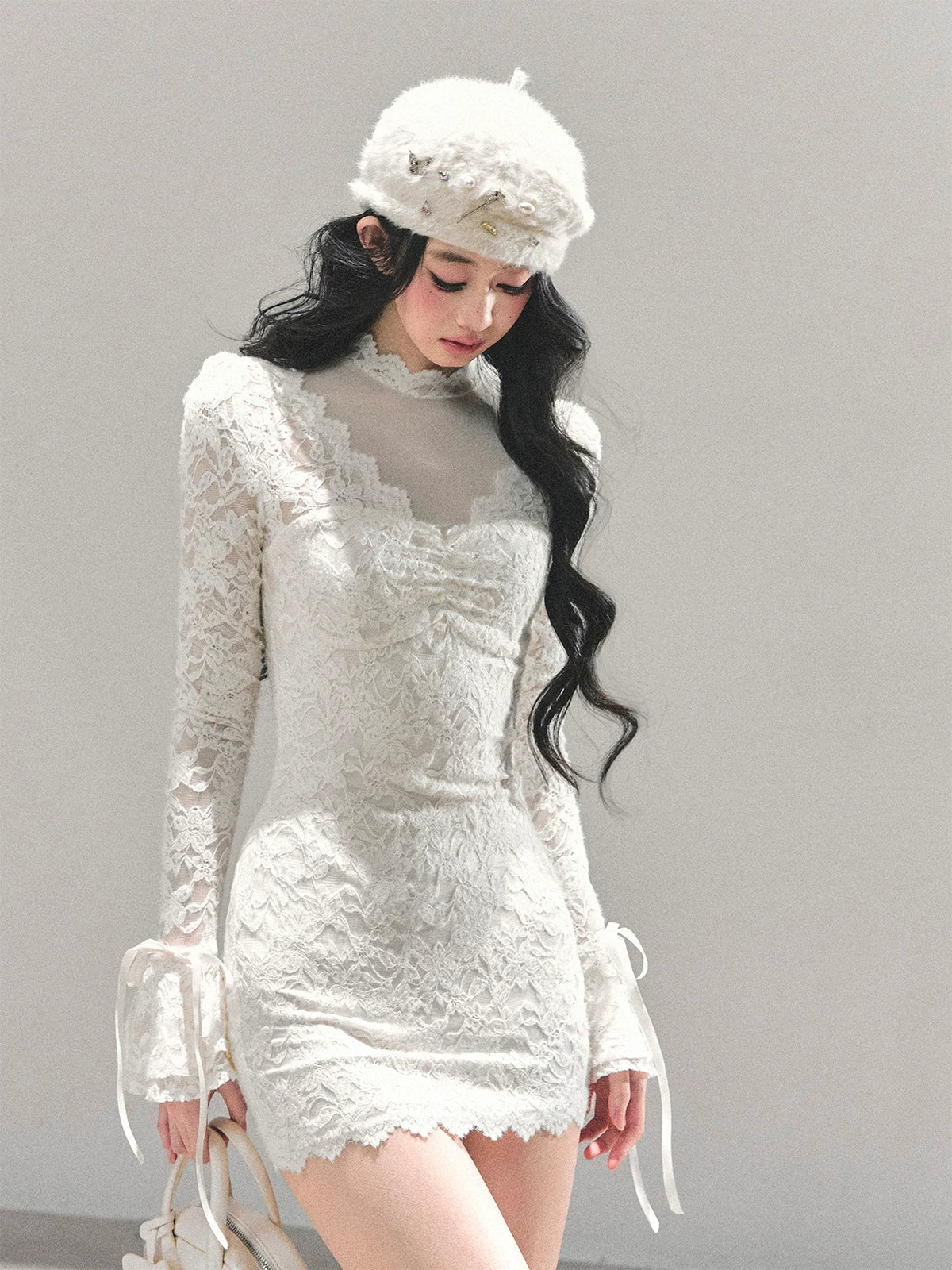 Lace Mesh Long-Sleeve Mini Dress